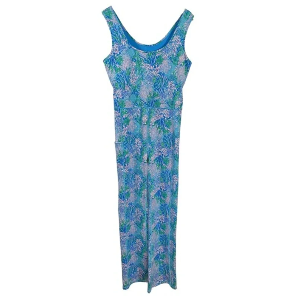 Lilly Pulitzer Womens Luxletic Carpe Vita Flare Jumpsuit L Blue UPF50 Resortwear